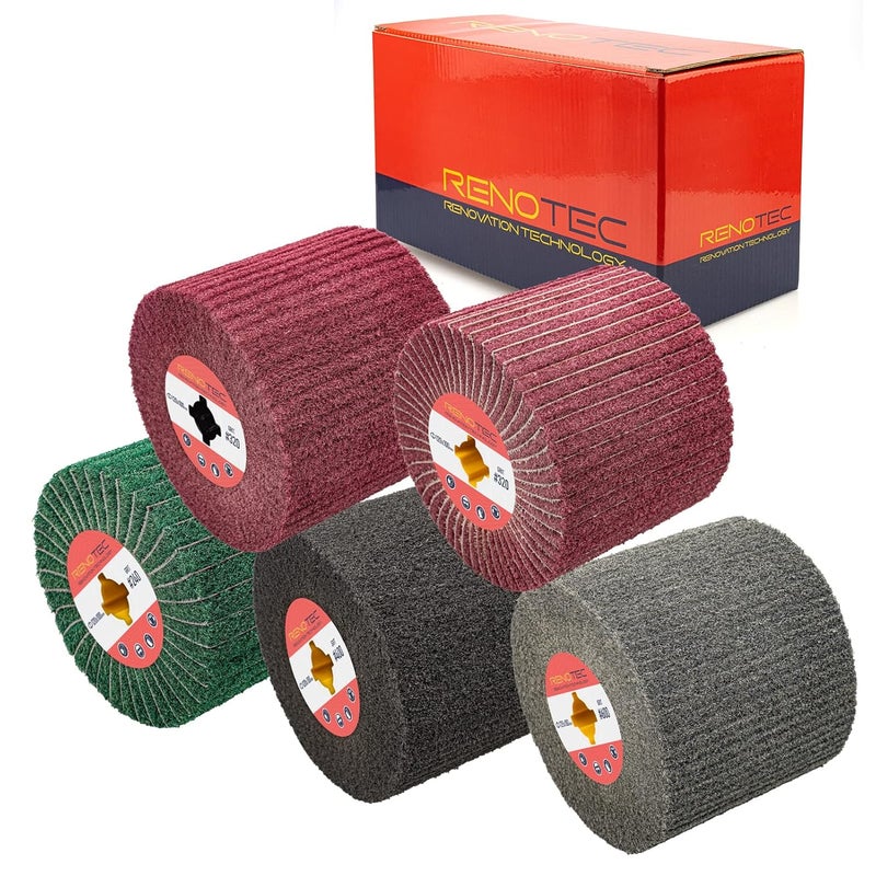 RENOTEC Non-Woven Wire Drawing Flap Wheel, 120x100mm, for Stainless Steel Satin Finishing and Metal Surface Treatment, Conditioning Drum Buffin for Burnishing Polishing Machine (240-600 Grit Set) - Image 2
